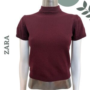 ZARA Burgundy Wool Mock Neck Knit Top Short Sleeve – Size M